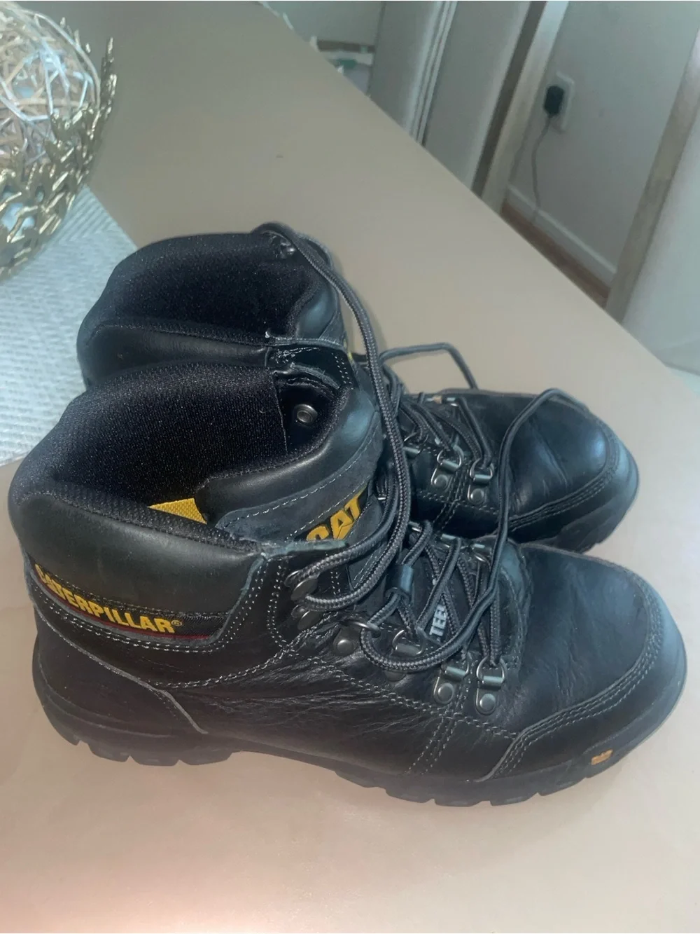 Caterpillar Black Leather Lace-Up Work Boots with Yellow Accents